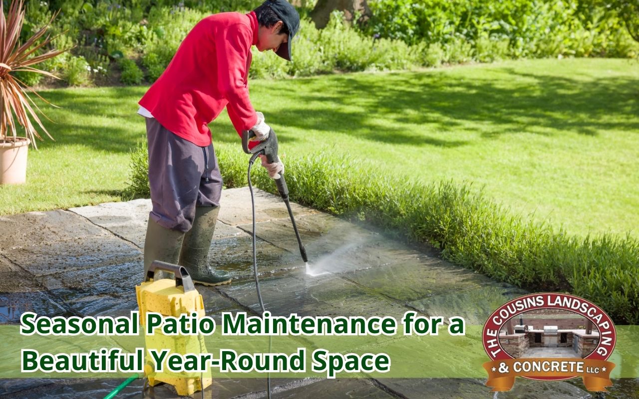 Homeowner sweeping concrete patio during spring maintenance