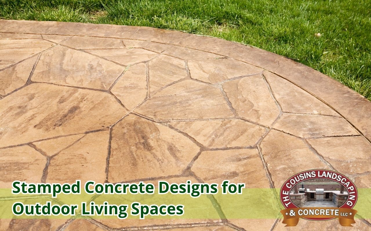 Stamped concrete patio with wood plank texture in backyard
