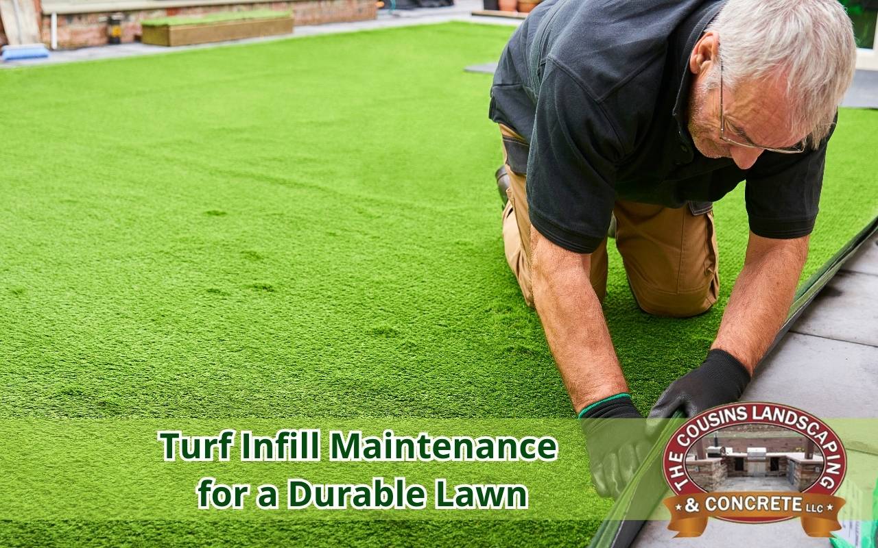 Worker adding infill to artificial grass with a drop spreader