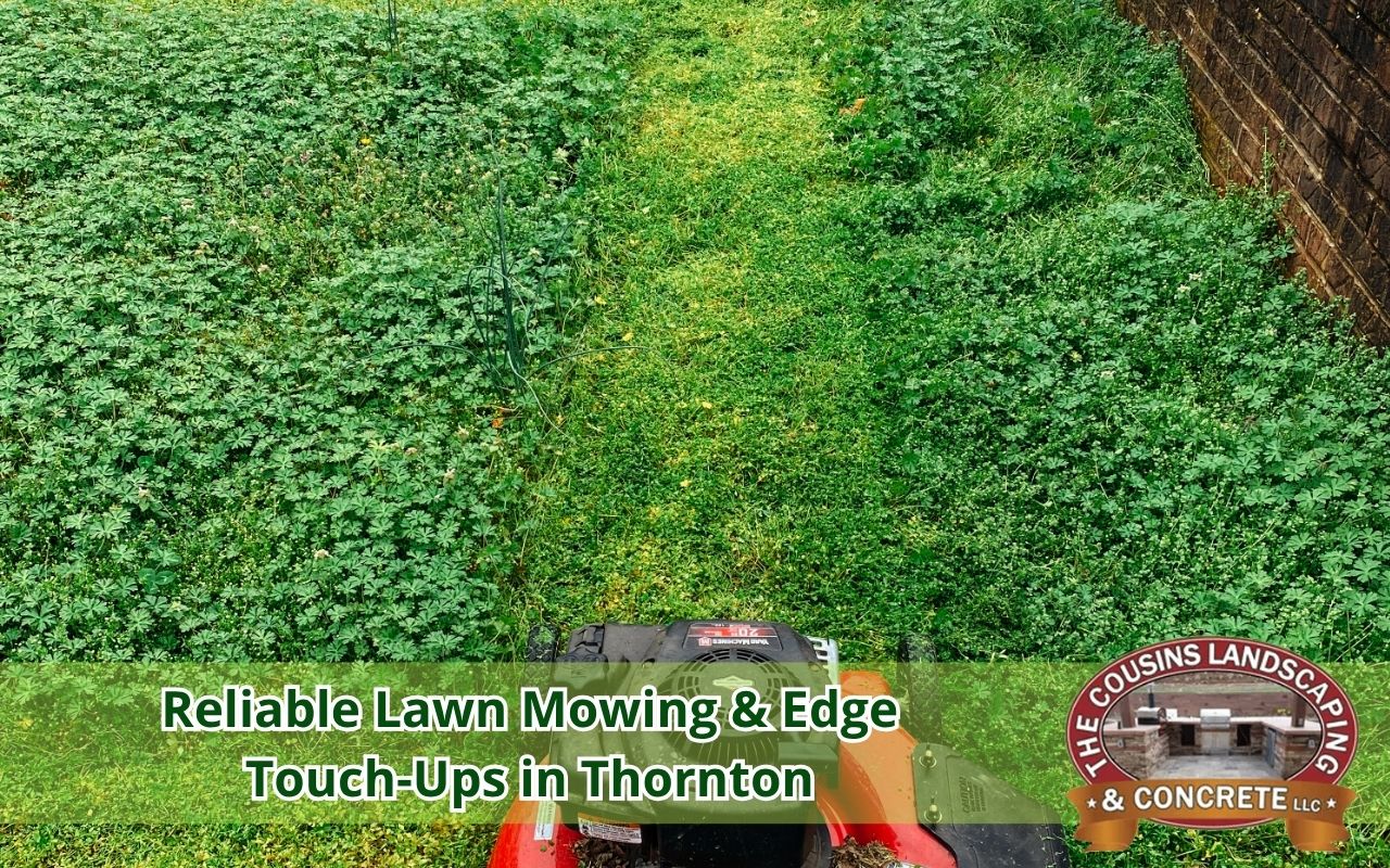 Professional performing lawn mowing service in Thornton CO backyard