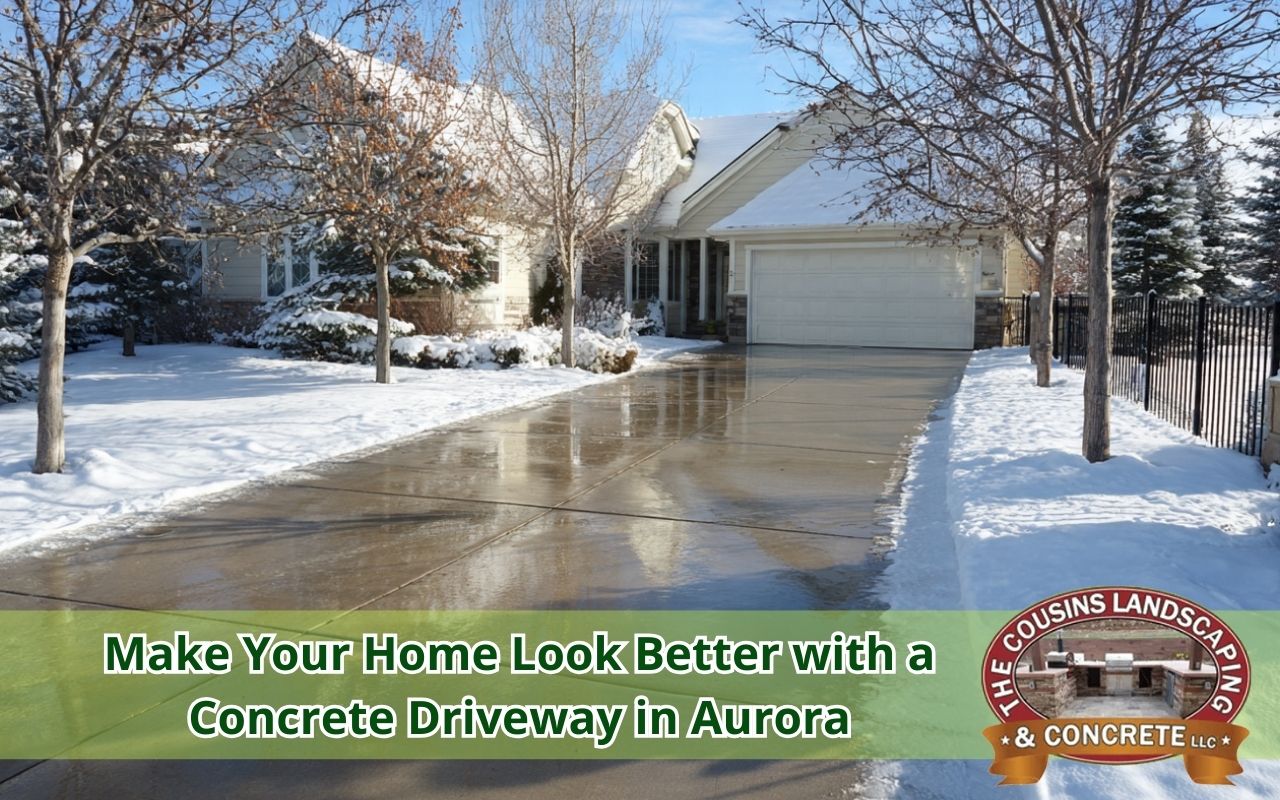Concrete Driveway in Aurora during winter with safe snow removal and deicer use.