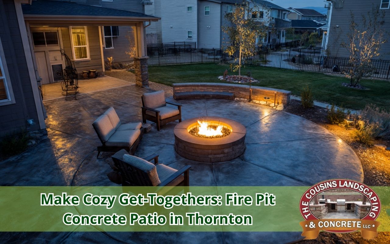 Fire Pit Concrete Patio in Thornton with warm lighting and seating for evening gatherings
