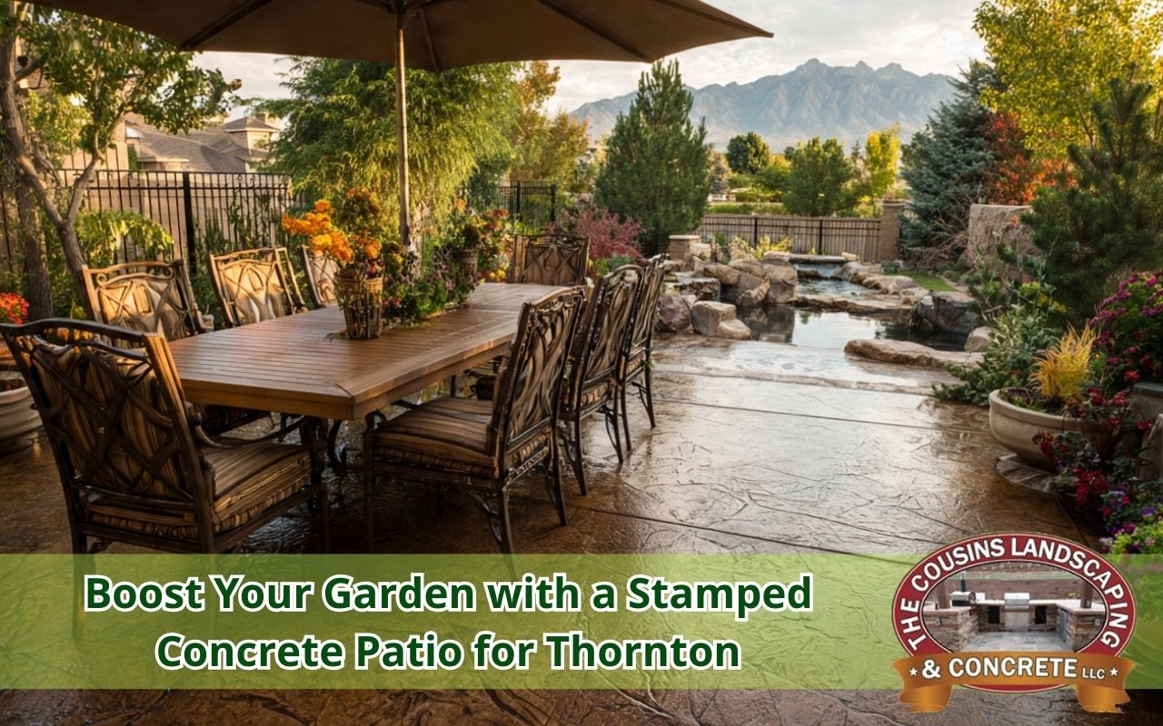 Stamped Concrete Patio for Thornton with stone-look pattern in a landscaped garden