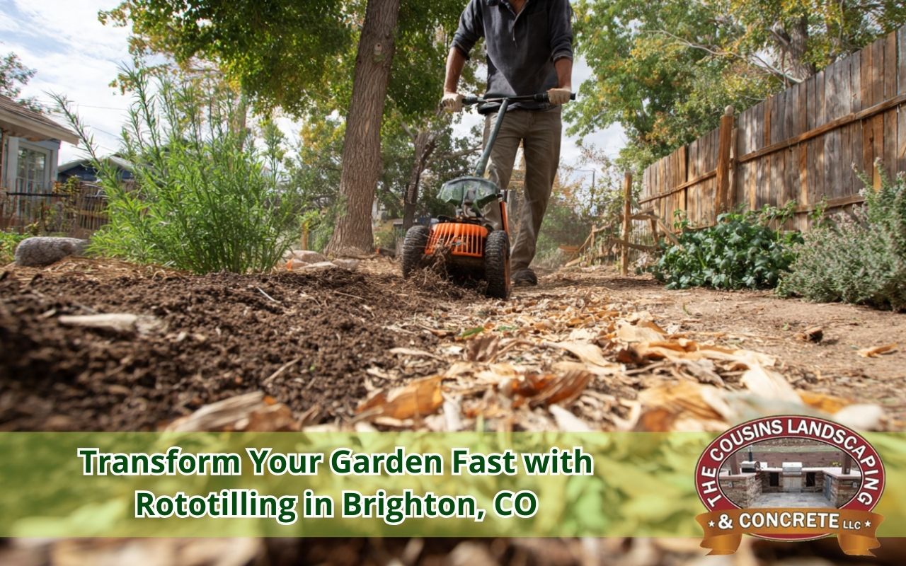Rototilling in Brighton, CO to loosen compacted soil in a backyard garden bed