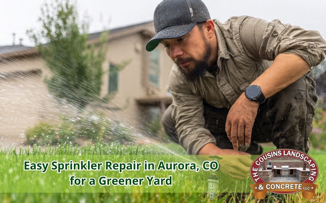 Sprinkler repair in Aurora, CO with a homeowner checking sprinkler heads for leaks