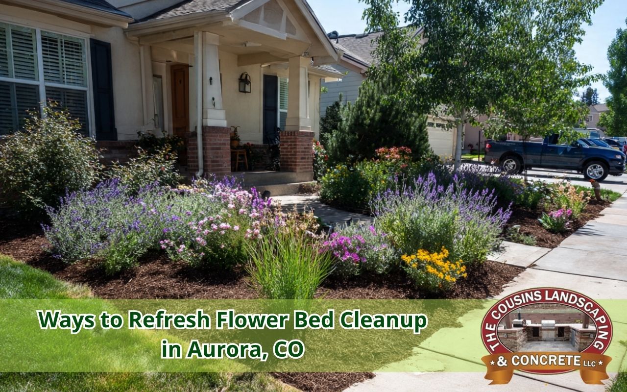 flower bed cleanup in Aurora, CO with fresh mulch and tidy plants