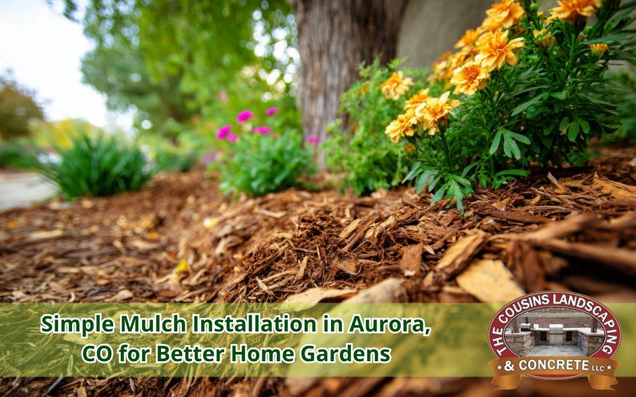 fresh organic mulch around flowers and shrubs during mulch installation in Aurora, CO